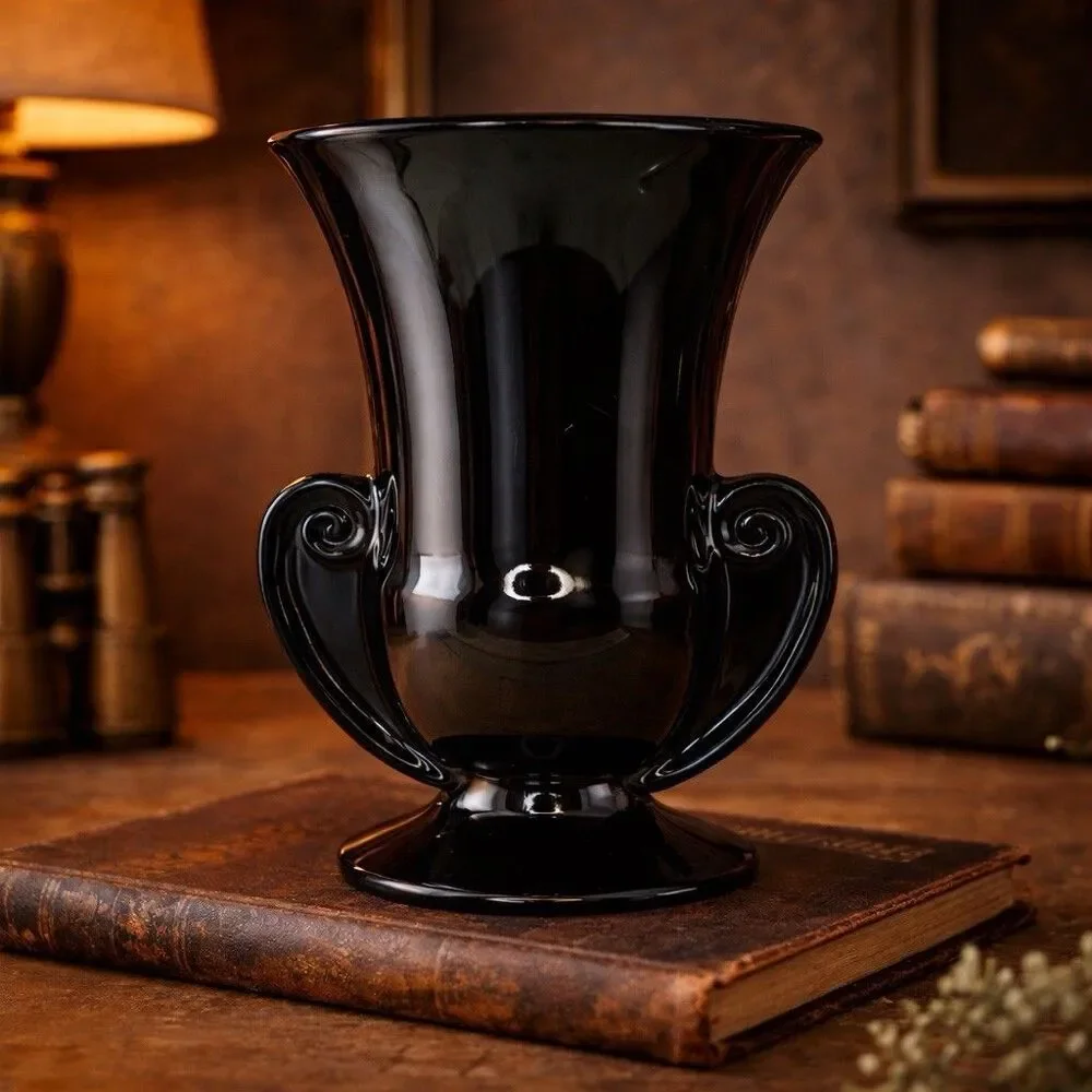 Fostoria Sakier Ebony Black Glass Urn Vase #2467 Scroll Handles 7” 1930s